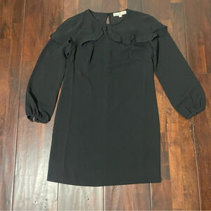 Loft Black Dress Women’s Size 2 Sheer Midi Sleeves Ruffles Dressy